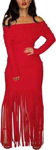 SEMATOMALA Women's Off Shoulder Bodycon Fringe Long Dress Long Sleeve Stretchy Cocktail Party Maxi Dresses in Kuwait