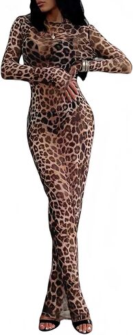 Velius Women Sexy Leopard Print See Through Mesh Long Sleeves Maxi Bodycon Dress in Kuwait