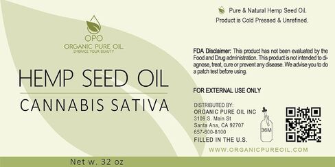Hemp Seed Oil - 100% Pure Unrefined Cold Pressed Organically Sourced All Natural Non GMO Extra Virgin Undiluted Carrier Oil - 32 oz - 1 Quart - For DIY Essential Oils Cosmetics - Packaging May Vary in Saudi Arabia