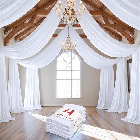 20 ft×20 ft White Ceiling Curtain Drapes for Weddings Parties, Wrinkle Free Polyester Draping Fabric White Drapery for Party Tent Canopy Hotel Banquet Hall Ceiling Decor-4 Panels 5×20ft in Kuwait