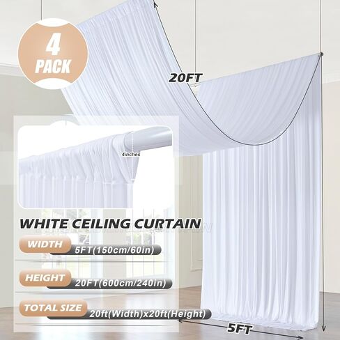 20 ft×20 ft White Ceiling Curtain Drapes for Weddings Parties, Wrinkle Free Polyester Draping Fabric White Drapery for Party Tent Canopy Hotel Banquet Hall Ceiling Decor-4 Panels 5×20ft in Kuwait
