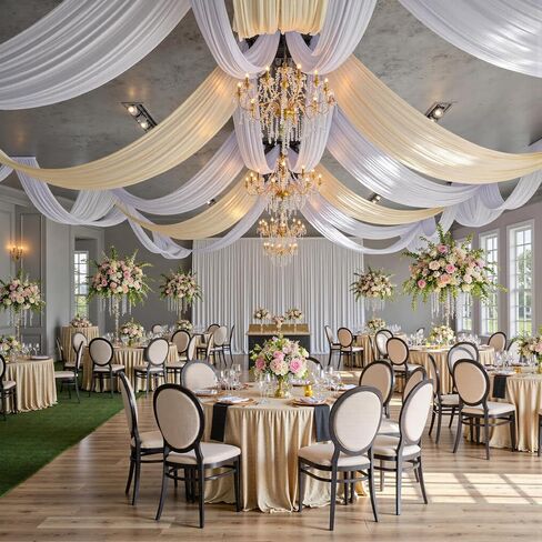 20 ft×20 ft White Ceiling Curtain Drapes for Weddings Parties, Wrinkle Free Polyester Draping Fabric White Drapery for Party Tent Canopy Hotel Banquet Hall Ceiling Decor-4 Panels 5×20ft in Kuwait