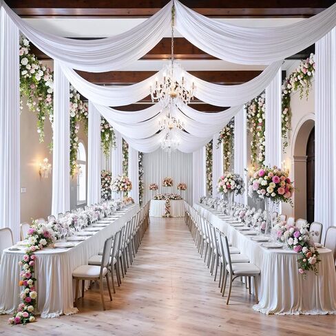 20 ft×20 ft White Ceiling Curtain Drapes for Weddings Parties, Wrinkle Free Polyester Draping Fabric White Drapery for Party Tent Canopy Hotel Banquet Hall Ceiling Decor-4 Panels 5×20ft in Kuwait