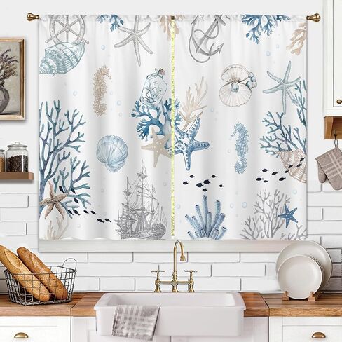 Vintage Starfish Seashells Small Kitchen Curtains Coral Nautical Window Treatment Coastal Retro Ocean Beach Cafe Short Curtains for Bathroom Dining Room Tier Treatment Drapes 2 Panels in Kuwait