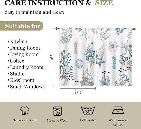 Vintage Starfish Seashells Small Kitchen Curtains Coral Nautical Window Treatment Coastal Retro Ocean Beach Cafe Short Curtains for Bathroom Dining Room Tier Treatment Drapes 2 Panels in Kuwait