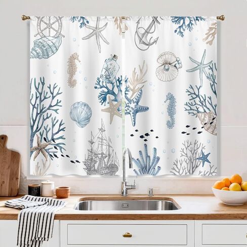 Vintage Starfish Seashells Small Kitchen Curtains Coral Nautical Window Treatment Coastal Retro Ocean Beach Cafe Short Curtains for Bathroom Dining Room Tier Treatment Drapes 2 Panels in Kuwait