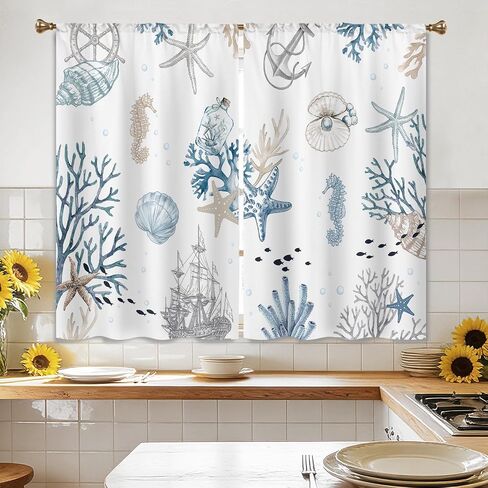 Vintage Starfish Seashells Small Kitchen Curtains Coral Nautical Window Treatment Coastal Retro Ocean Beach Cafe Short Curtains for Bathroom Dining Room Tier Treatment Drapes 2 Panels in Kuwait