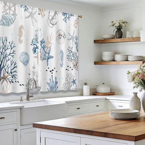 Vintage Starfish Seashells Small Kitchen Curtains Coral Nautical Window Treatment Coastal Retro Ocean Beach Cafe Short Curtains for Bathroom Dining Room Tier Treatment Drapes 2 Panels in Kuwait