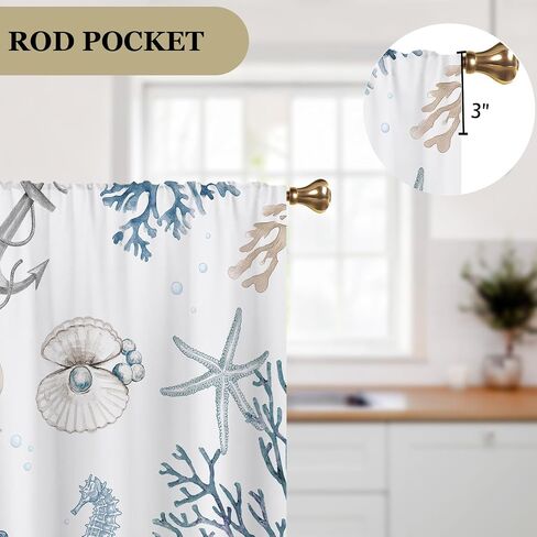 Vintage Starfish Seashells Small Kitchen Curtains Coral Nautical Window Treatment Coastal Retro Ocean Beach Cafe Short Curtains for Bathroom Dining Room Tier Treatment Drapes 2 Panels in Kuwait