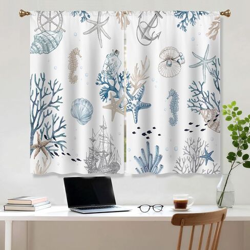 Vintage Starfish Seashells Small Kitchen Curtains Coral Nautical Window Treatment Coastal Retro Ocean Beach Cafe Short Curtains for Bathroom Dining Room Tier Treatment Drapes 2 Panels in Kuwait
