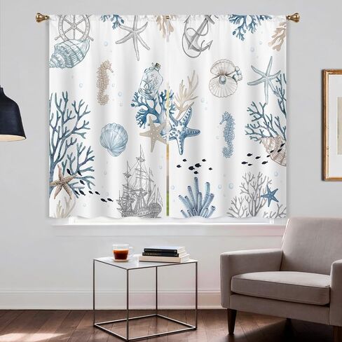 Vintage Starfish Seashells Small Kitchen Curtains Coral Nautical Window Treatment Coastal Retro Ocean Beach Cafe Short Curtains for Bathroom Dining Room Tier Treatment Drapes 2 Panels in Kuwait