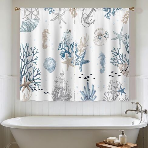 Vintage Starfish Seashells Small Kitchen Curtains Coral Nautical Window Treatment Coastal Retro Ocean Beach Cafe Short Curtains for Bathroom Dining Room Tier Treatment Drapes 2 Panels in Kuwait