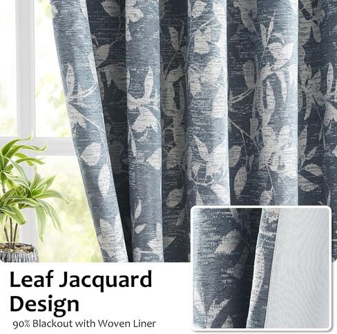 Randall Blue Leaf Print 90% Room Darkening Curtains 84 Inches Pinch Pleat Thermal Insulated Blackout Rod Pocket Botanical Jacquard Farmhouse Drapes for Living Room,2 Panels,40"x84",Blue on Beige in Kuwait