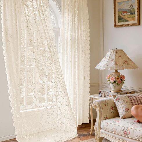 Vintage Floral Lace Sheer Curtains 45 Inches Long 2 Panels, Flower Branch Pattern, Scalloped Edge, Easy Rod Pocket, Romantic Drapes for Bedroom Living Room (W52xL45) Beige in Saudi Arabia