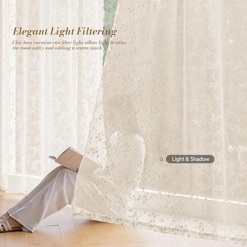 Vintage Floral Lace Sheer Curtains 45 Inches Long 2 Panels, Flower Branch Pattern, Scalloped Edge, Easy Rod Pocket, Romantic Drapes for Bedroom Living Room (W52xL45) Beige in Saudi Arabia