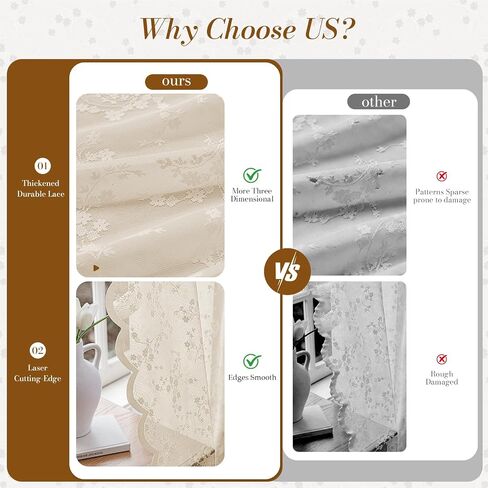 Vintage Floral Lace Sheer Curtains 45 Inches Long 2 Panels, Flower Branch Pattern, Scalloped Edge, Easy Rod Pocket, Romantic Drapes for Bedroom Living Room (W52xL45) Beige in Saudi Arabia