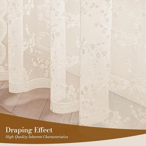 Vintage Floral Lace Sheer Curtains 45 Inches Long 2 Panels, Flower Branch Pattern, Scalloped Edge, Easy Rod Pocket, Romantic Drapes for Bedroom Living Room (W52xL45) Beige in Saudi Arabia