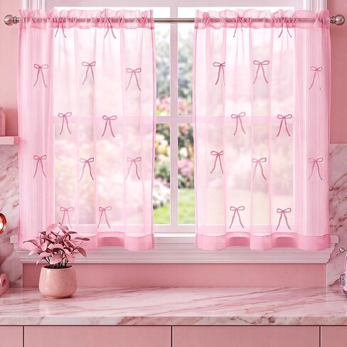 2 Panels Pink Bow Sheer Valance Curtains 38 x 36 inch Pink Bow Embroidered Valance Curtains Decorative Coquettish Sheer Shades Faux Linen Semi Window Decor for Home Party Office in Saudi Arabia