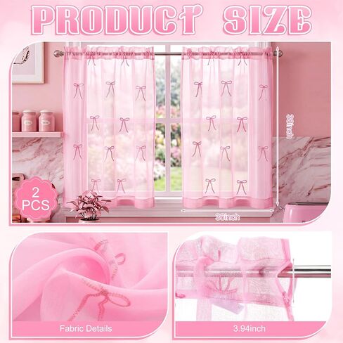 2 Panels Pink Bow Sheer Valance Curtains 38 x 36 inch Pink Bow Embroidered Valance Curtains Decorative Coquettish Sheer Shades Faux Linen Semi Window Decor for Home Party Office in Saudi Arabia