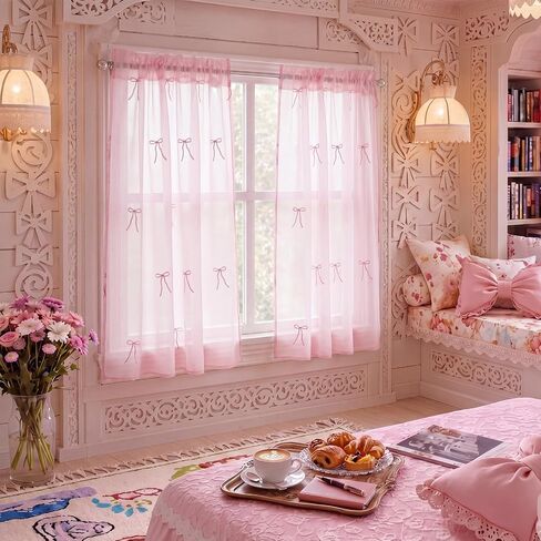 2 Panels Pink Bow Sheer Valance Curtains 38 x 36 inch Pink Bow Embroidered Valance Curtains Decorative Coquettish Sheer Shades Faux Linen Semi Window Decor for Home Party Office in Saudi Arabia