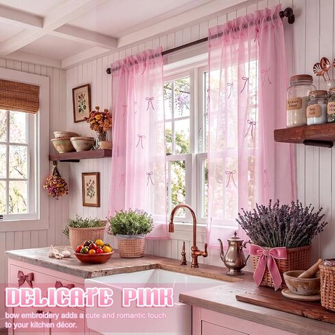 2 Panels Pink Bow Sheer Valance Curtains 38 x 36 inch Pink Bow Embroidered Valance Curtains Decorative Coquettish Sheer Shades Faux Linen Semi Window Decor for Home Party Office in Saudi Arabia