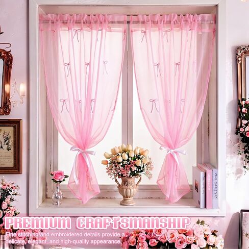 2 Panels Pink Bow Sheer Valance Curtains 38 x 36 inch Pink Bow Embroidered Valance Curtains Decorative Coquettish Sheer Shades Faux Linen Semi Window Decor for Home Party Office in Saudi Arabia