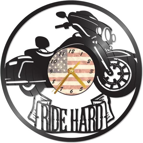 Motorcycle Wall Clock, 12 Inch Round Vinyl Record Design, Black with American Flag Face, Battery Power in Saudi Arabia