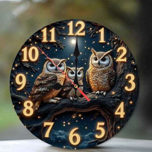10-Inch Silent Wooden Wall Clock, Owl Clock Night Scene Three Owls Branch Design " Silent Non-Ticking Clock, Artistic Home Decor in Saudi Arabia