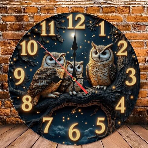 10-Inch Silent Wooden Wall Clock, Owl Clock Night Scene Three Owls Branch Design " Silent Non-Ticking Clock, Artistic Home Decor in Saudi Arabia