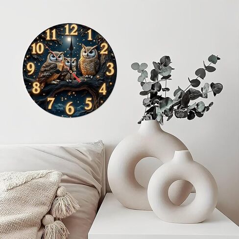 10-Inch Silent Wooden Wall Clock, Owl Clock Night Scene Three Owls Branch Design " Silent Non-Ticking Clock, Artistic Home Decor in Saudi Arabia