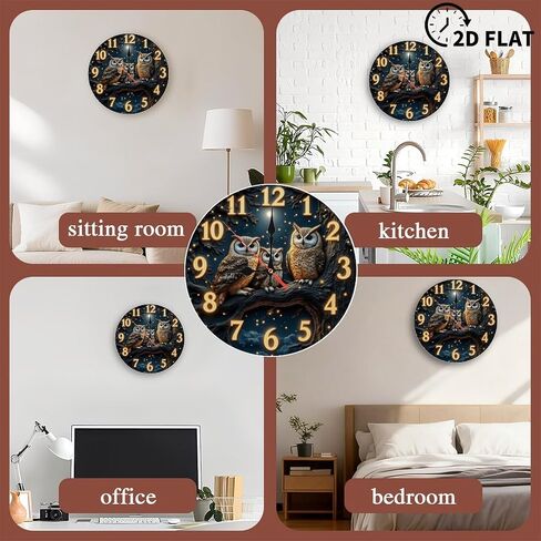 10-Inch Silent Wooden Wall Clock, Owl Clock Night Scene Three Owls Branch Design " Silent Non-Ticking Clock, Artistic Home Decor in Saudi Arabia