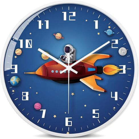 THIDARGO Kids Space Theme Wall Clock, Silent Quartz Movement, Large Easy-Read Numerals, Astronaut Rocket Design, HD Glass Cover, ABS Frame Clock for Bedroom/Study Room/Living Room (Blue-B, 10in) in Saudi Arabia