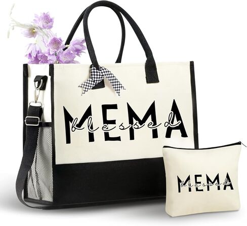 هدايا InnoBeta Mema للجدة، حقيبة حمل قماشية في عيد الميلاد أو عيد الميلاد وعيد الأم، حقيبة مع إغلاق بسحاب علوي وحزام كتف - Blessed Mema in Kuwait