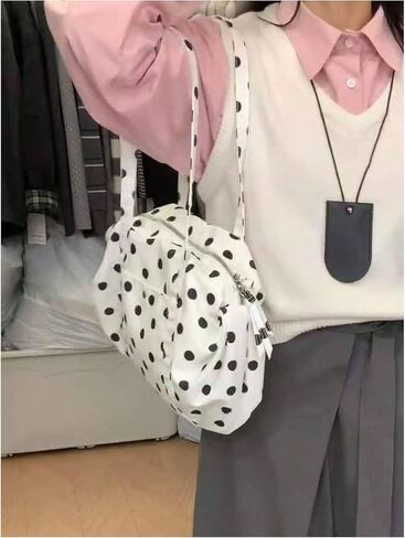 حقيبة كتف نسائية من MakeMeChic ذات نقاط بولكا بمقبض علوي وحقيبة يد بولينج لطيفة ريترو in Kuwait