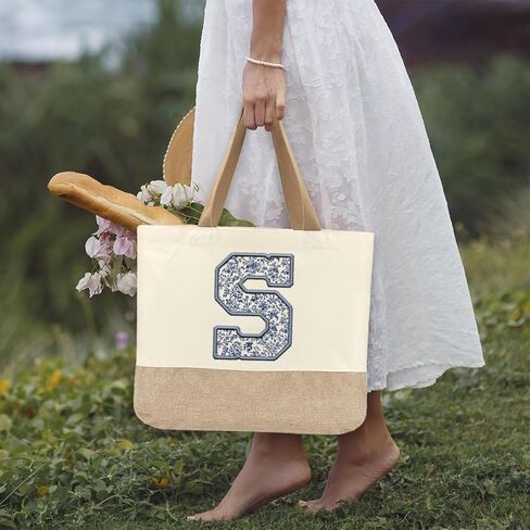 Initial Canvas Tote Bag, Womens Personalized Monogram S Tote Bags, Suitable for Wedding Engagement Parties Honeymoon Birthday Beach Holiday, Gift for Women Grandma Mom Teacher Friends Bridesmaids in Saudi Arabia