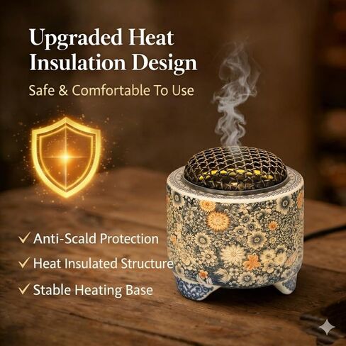 Ceramic Holder Electric Incense Burner Blue & White Porcelain Built-in LED Lights Simulate Flames, Classical, Elegant and High-end Top Hollow Design in Kuwait