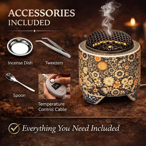 Ceramic Holder Electric Incense Burner Blue & White Porcelain Built-in LED Lights Simulate Flames, Classical, Elegant and High-end Top Hollow Design in Kuwait