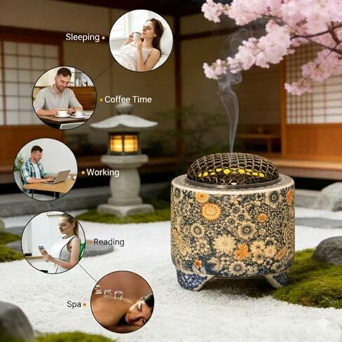 Ceramic Holder Electric Incense Burner Blue & White Porcelain Built-in LED Lights Simulate Flames, Classical, Elegant and High-end Top Hollow Design in Kuwait