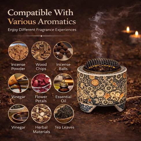Ceramic Holder Electric Incense Burner Blue & White Porcelain Built-in LED Lights Simulate Flames, Classical, Elegant and High-end Top Hollow Design in Kuwait