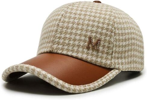 Houndstooth Baseball Cap, Outdoor Korean Style Hat Streetwear Khaki Coffee Women Hat Black Embroider Adjustable Pu Leather Brim Baseball Cap(Khaki) in Kuwait