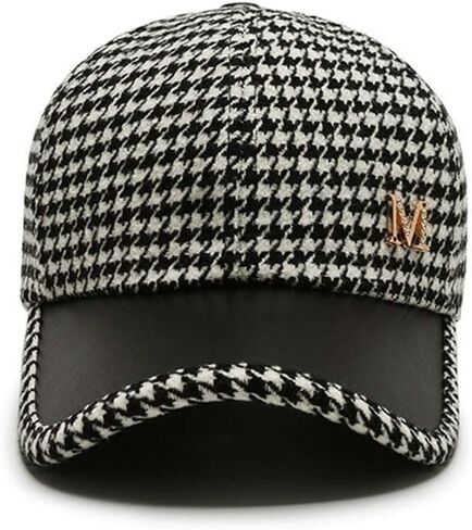 Houndstooth Baseball Cap, Outdoor Korean Style Hat Streetwear Khaki Coffee Women Hat Black Embroider Adjustable Pu Leather Brim Baseball Cap(Khaki) in Kuwait