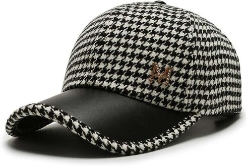 Houndstooth Baseball Cap, Outdoor Korean Style Hat Streetwear Khaki Coffee Women Hat Black Embroider Adjustable Pu Leather Brim Baseball Cap(Khaki) in Kuwait
