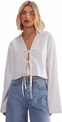 Nasty Gal Womens Cotton Tie Front Collared Wide Cuff Shirt in Saudi Arabia