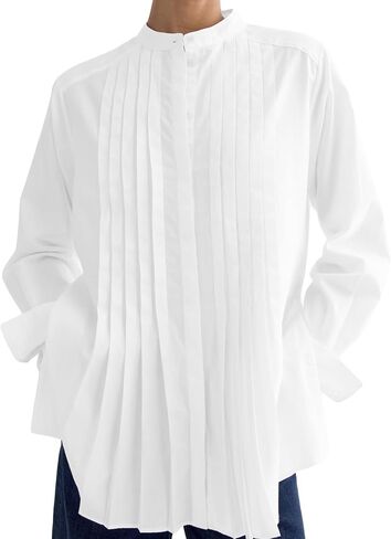 SUNNOW Women Pleated Shirt with Voluminous Sleeves, Hidden Placket & Side Slits - Elegant Blouse in Saudi Arabia