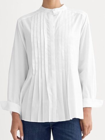 SUNNOW Women Pleated Shirt with Voluminous Sleeves, Hidden Placket & Side Slits - Elegant Blouse in Saudi Arabia