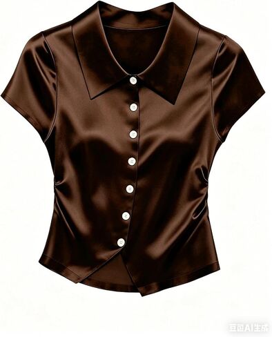 GORGLITTER Women's Cap Sleeve Satin Top Button Down Ruched Silk Workout Office Top Business Casual Going Out Outfits in Kuwait