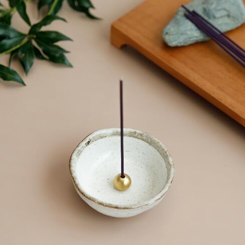 Asayu Japanese Small Mini Incense Holder for Sticks 3.3 inch (83mm), Made in Japan Ceramic Ash Catcher and Brass Incense Burner Set for Yoga, Meditation (Small Pearl Incense Holder) in Kuwait