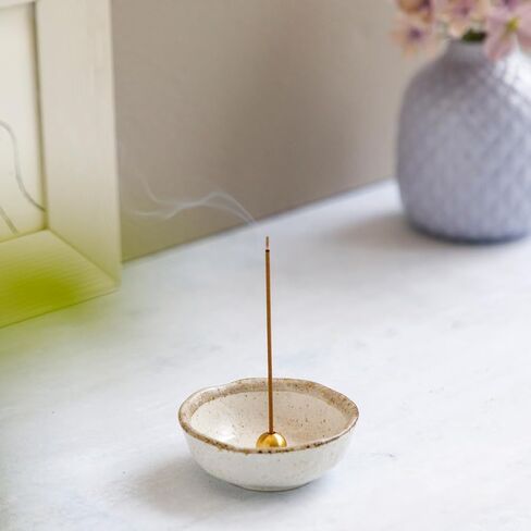 Asayu Japanese Small Mini Incense Holder for Sticks 3.3 inch (83mm), Made in Japan Ceramic Ash Catcher and Brass Incense Burner Set for Yoga, Meditation (Small Pearl Incense Holder) in Kuwait