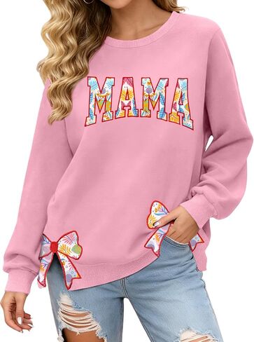 PECHAR Mama سويت شيرت للنساء قمصان مطرزة بالزهور ماما أمي بياقة دائرية وأكمام طويلة مع زينة بفيونكة جانبية in Kuwait
