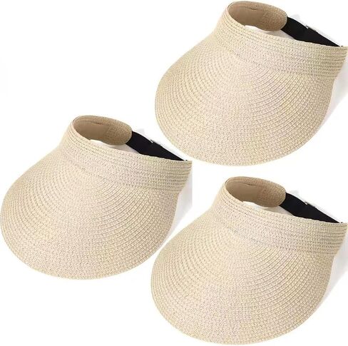 3 Pack Women Straw Sun Visor Hats, Wide Brim UV UPF 50+ Protection Beach Visor, Packable Adjustable Summer Hats for Traveling in Saudi Arabia
